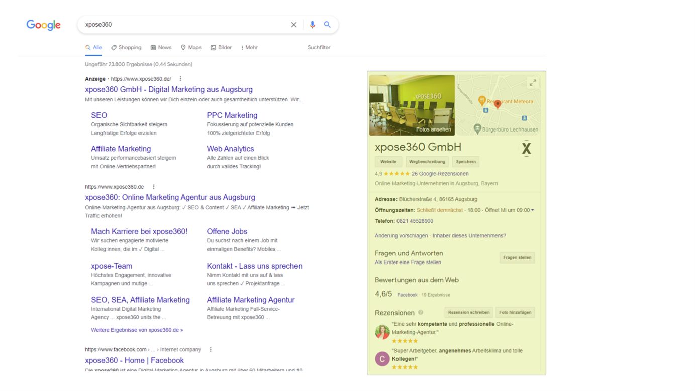 Google Suche mit dem Suchbegriff "xpose360". Rechts ist der Google My Business Eintrag von der xpose360 zu sehen, links die organischen Ergebnisse.