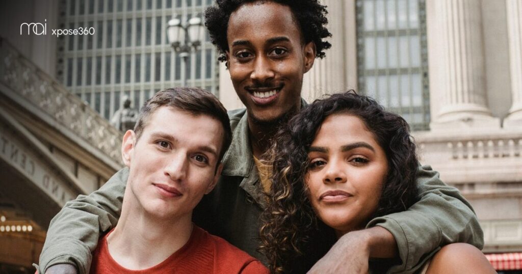 Drei junge Leute verschiedener Nationalitäten stehen als Freunde zusammen.